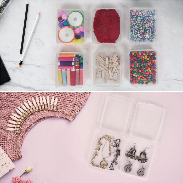 BELLE VOUS 24-Piece Set Small Storage Boxes Plastic Transparent Hinged Lid - 11.5 x 9.2 x 2.8 cm - Plastic Boxes for Small Beads, Pills, Jewelry, Screws, Sorting Box, Craft Supplies
