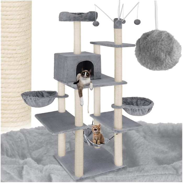 Тектейк® XXL Дерево для котів велике, з аксесуарами: лежанки, гамак, будиночок, іграшки, мотузка з сизалю, стійка для дряпання, висота 165 см, сірий | 402931
