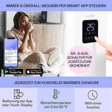 Klarstein Bansin Smart Convector Heater, 1500 W, Wall-Mountable/Freestanding, App Control, Energy Efficient, Overheat and Frost Protection, Child Lock, LED Display, Electric Heater for 30 m²