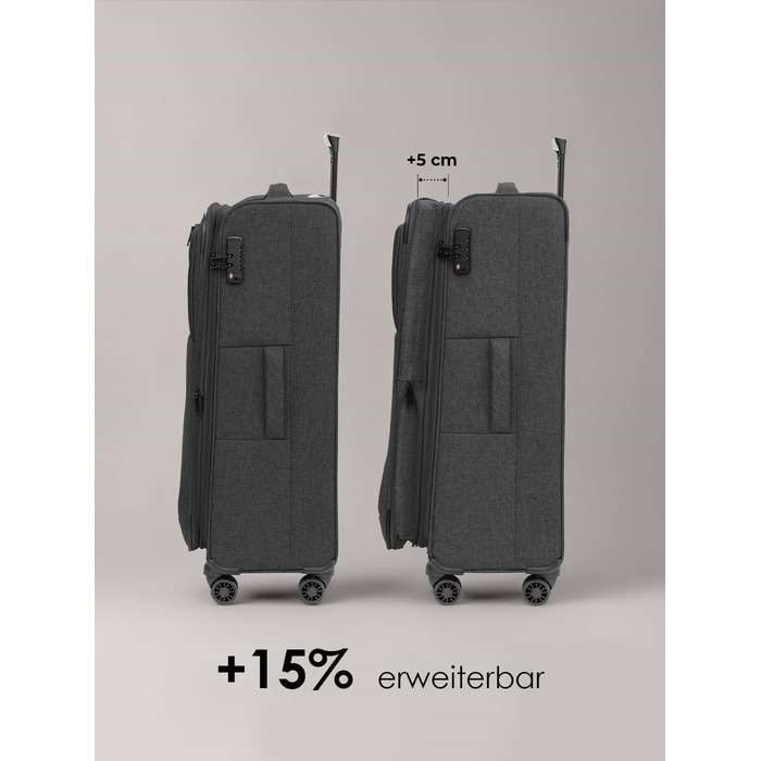 Набір валіз REDOLZ 3 шт. для жінок та чоловіків | Легкі та стійкі дорожні ролери, якісний м'який кейс, 4 подвійні колеса та TSA-замок | Розширюваний з еластичними складками (Essentials 12) Чорний набір валіз (3 шт.) 3-колісний розширюваний