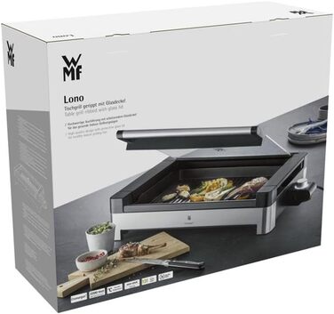 WMF Lono Electric Table Grill with Glass Lid - Non-Stick Coated Plate, Removable Drip Tray, Dishwasher Safe, Matte Stainless Steel, 2200W Single