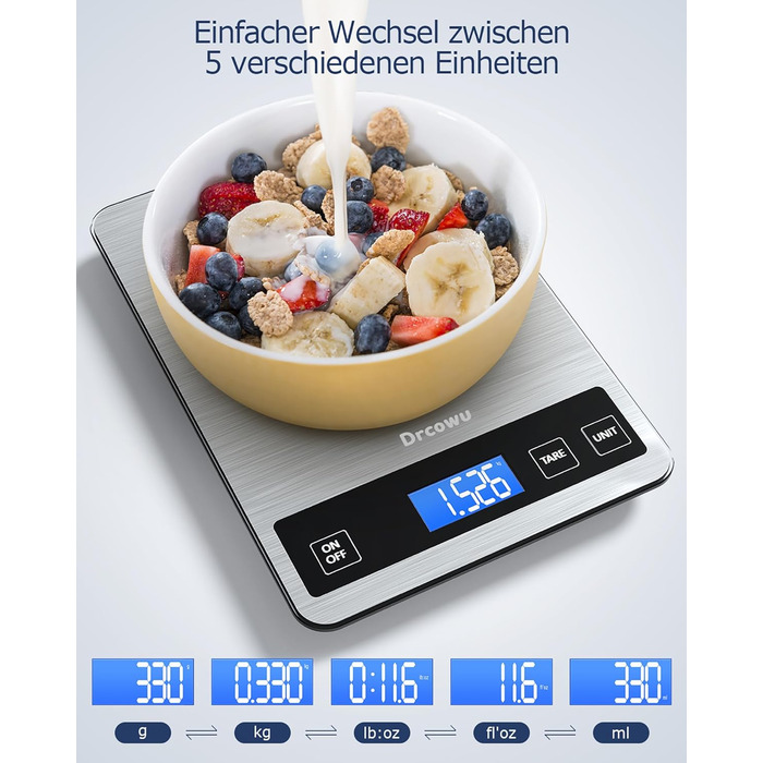 Кухонні ваги Dr. Oetker 15 кг, цифрові, водонепроникні, з LCD-дисплеєм, багатофункціональні, точність до 1г, функція тарування, сенсорні кнопки, велика панель з нержавіючої сталі, срібні