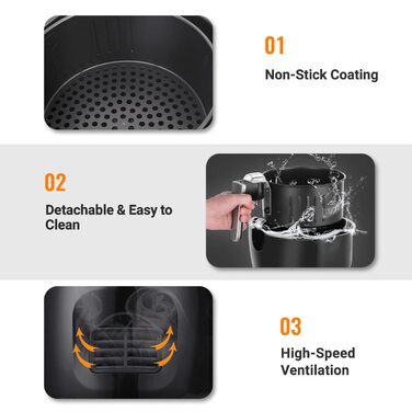 Фритюрниця без олії з 6 програмами приготування, LED-дисплей, книга рецептів, 1500W, чорна