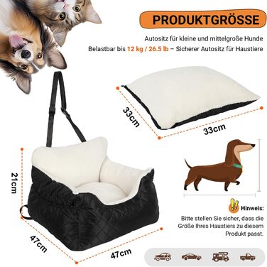 Автокрісло для собак Eikuavons - чорне, 47x47x21 см, з кишенями та шнуром для прив'язування