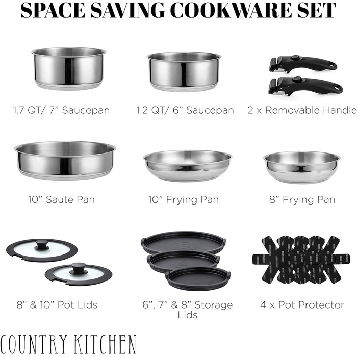 Набір посуду Country Kitchen 16 предметів з керамічним антипригарним покриттям, дерев'яні ручки, для дому та кемпінгу, придатний для духовки - кремовий