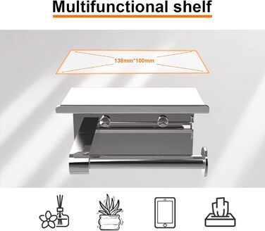 Тримач туалетного паперу Ibergrif з 2 способами монтажу, без свердління, з полицею, нержавіюча сталь, сріблястий