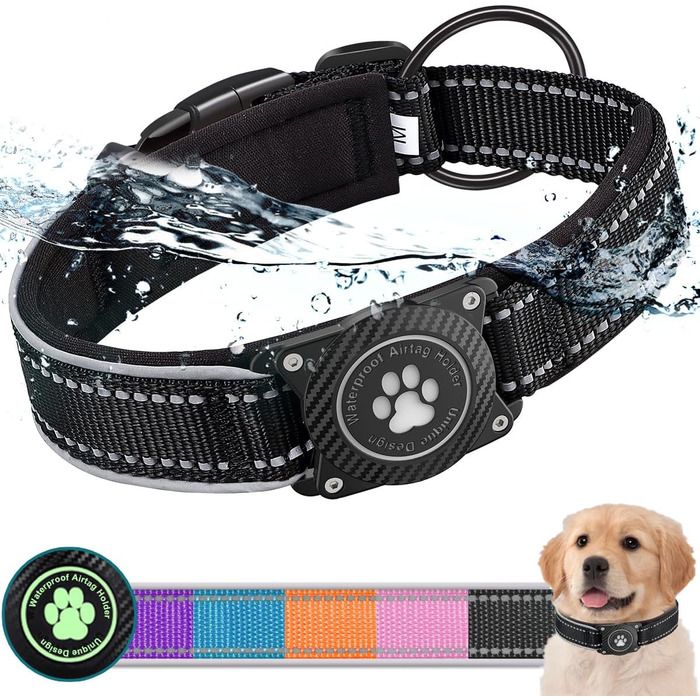 Світловідбиваючий нашийник для собак AirTag, водонепроникний, середній розмір (30.5-38 см), чорний