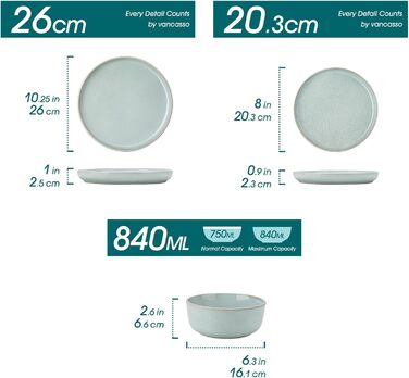 Набір посуду Steingut vancasso ANYA Mintgrün (18 предметів) - 6 осіб, сучасний сервіз з тарілок та мисок, сумісний з посудомийною машиною та мікрохвильовою піччю