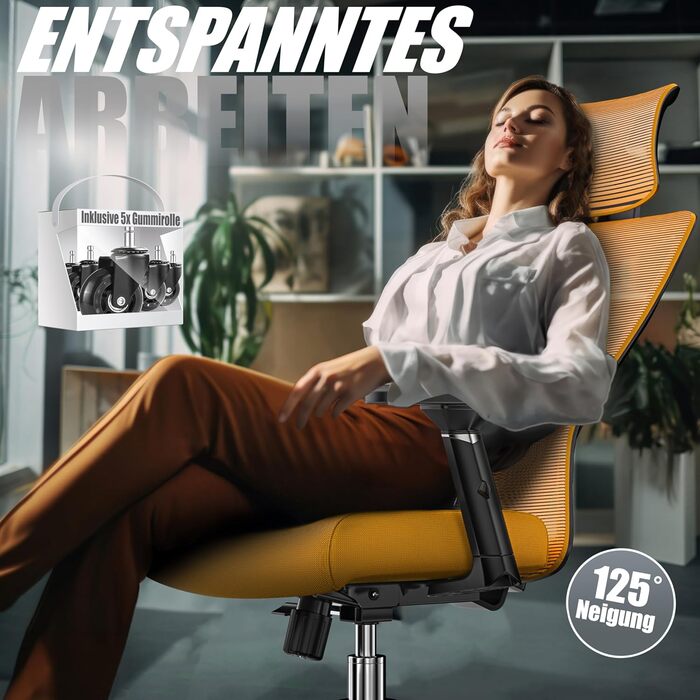 Офісне крісло KESSER® ергономічне з регульованими підлокітниками, поворотне з підтримкою попереку, з підголівником. Функція гойдання до 125° та 5 роликів. Оранжевий/срібний колір.