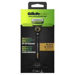 Чоловіча бритва Gillette Labs з ексфоліаційною смужкою, магнітною преміум-підставкою, 1 ручка та 3 касети (Чорний та Золотий)