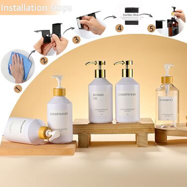 Настінний диспенсер для мила 3 шт, 500 мл, набір для душу та шампуню, чорний без свердління для кухні та ванної кімнати (прозора пляшка + білий бамбуковий ковпачок)