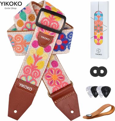 Гітарний ремінь 5,1 см з бавовни з шкіряними кінцями для бас, електро- та акустичних гітар (Квіткова візерунок 01)