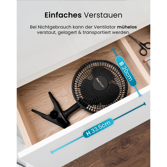 Mini вентилятор Pro Breeze з кліпсою, 20 см, 2 швидкості, тихий, для столу, офісу, кімнати (Чорний)