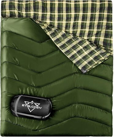Сплячий мішок двомісний ETGLCOZY для дорослих та дітей, XL Queen Size, 220*160 см, для кемпінгу, походів, хайкінгу, водонепроникний, з компресійним мішком (зелений)