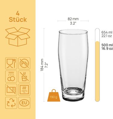 Набір склянок FLINT для пива та коктейлів 650 мл, 4 шт., прозорі, Classic Collection, для мийки в посудомийній машині