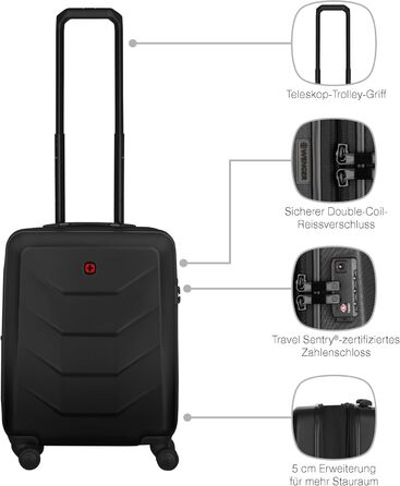 WENGER Pryo Hard Shell Suitcase with 4 Wheels, Trolley, Medium Size, 59 (67) L, Security Lock, for Men, Travel Vacation, 612537 (Black, Carry-On)