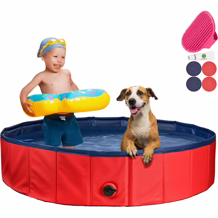 Stable Dog Pool | Splash Pool for Dogs | Foldable Pool with Drain Valve | Non-Slip Bathtub | Ball Pit for Kids | Ball Bath including Bath Brush & Repair Kit - Dog Pool 100x30 (Red)