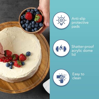 Підставка для тортів HEFTMAN 25,4 см з куполоподібним кришкою – 2-в-1 антиковзаюча підставка з акації з прозорою кришкою з акрилу для тортів, випічки, сирних дощок – ідеально для дня народження, весілля, святкування