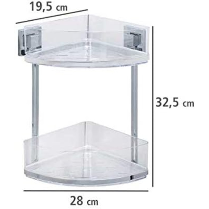 WENKO Vacuum-Loc® Bathroom Corner Shelf Quadro Duo, No Drilling Required, with 2 Shelves, Rust-Proof Stainless Steel Holder with Removable Plastic Tray, Easy-to-Clean Shower Shelf, 28 x 32.5 x 19.5 cm