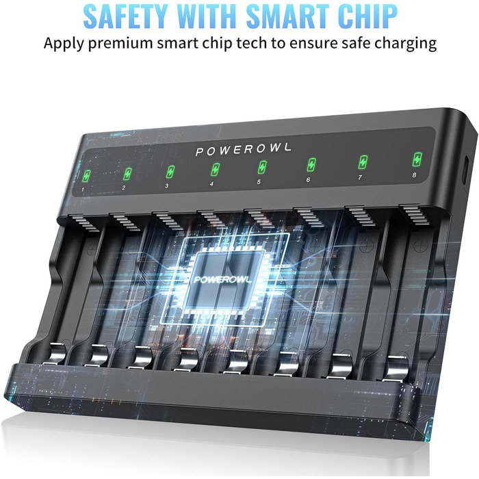 Зарядний пристрій PowerOWL на 8 батарейок, надтонкий, з незалежними слотами, USB-C зарядка для перезаряджуваних акумуляторів AA AAA