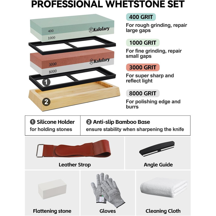 Набір алмазних точильних каменів Kalolary (11 шт.) з двосторонньою зернистістю 400/1000, 3000/8000 для заточування ножів, стамесок, рубанків з кутовою направляючою та неслизькою основою, з шкіряним ременем