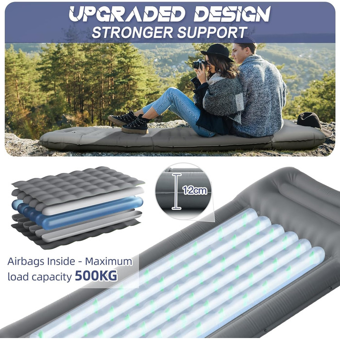 NHOWIN Self-Inflating Camping Mat - 12cm Thick, Ultralight with Pillow & Foot Pump - Compact, Waterproof, Anti-Ripstop Mat for Outdoor, Backpacking, Hiking