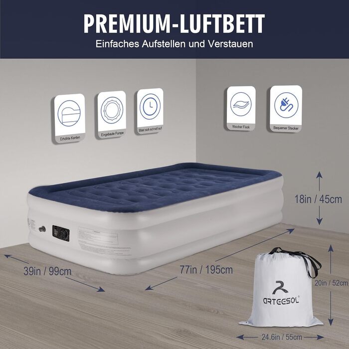 Надувний матрац Luftmatratze 1-місний, швидке надування (90 сек), водонепроникний, для гостей/подорожей