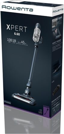 Rowenta X-Pert 6.60 акумуляторний пилосос: потужність 100W, 45 хв роботи, бездротовий, без мішка, LED-насадка, легкий, 0,55 л контейнер для сміття, насадка для щілин та кріплення на стіну, чорний/темно-сірий, RH6831EO