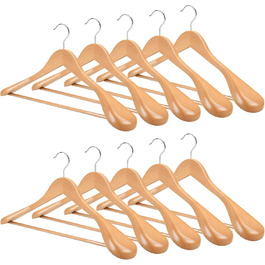 Дерев'яні вішалки для одягу 10 шт. – широкі плечики з натурального дерева, неслизькі та стабільні з перекладиною для штанів та 360° обертовим гачком, для костюмів, курток, сорочок та пальто, натуральне дерево