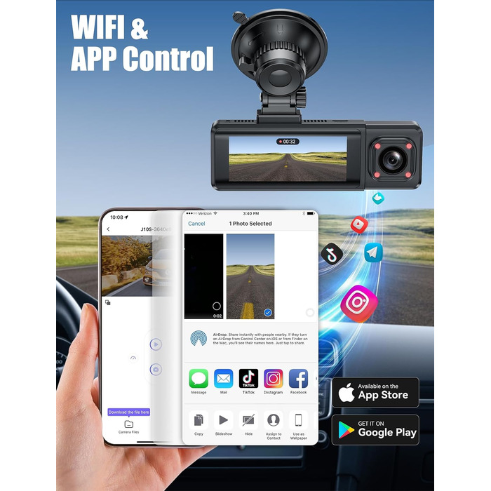Відеореєстратор 4K Auto Передній та Задній з Хардвайр Кітом, WiFi, Паркувальний Моніторинг, 64GB SD Карта, 3-Канальна Автокамера з Нічним Баченням, 170° Широкий Кут, WDR, G-Сенсор, Циклічна Запис, Керування через APP