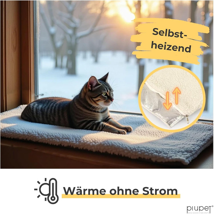 Кішка ліжко на підвіконня PiuPet 90x25 см | Антиковзне ліжко для котів | М'яка, самогріюча ковдра | Бежевий