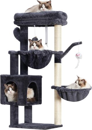 Кігтеточка-кімнатний комплекс Heybly Kratzbaum 100см з платформою, гротою, 2 гамаками та іграшками. Колір: сірий. Модель: HCT006SG