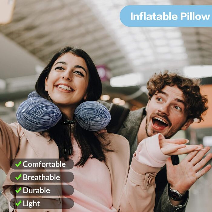 Подушка для шиї у подорожах: надувна, для автомобіля та літака, з маскою для сну, блакитна