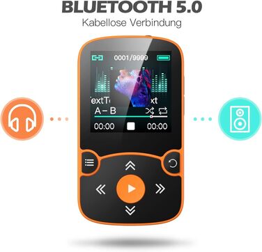 MP3 плеєр AGPTEK Bluetooth 5.0 32GB Orange - кліпса, TFT екран, підтримка TF карти до 128GB