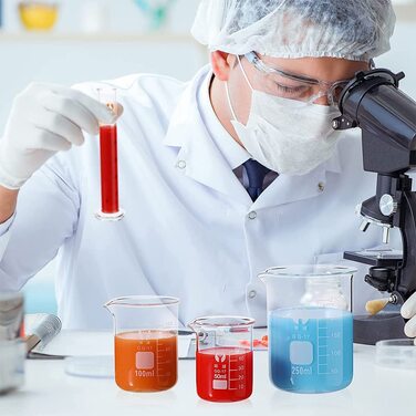 Beaker Cylinder Pipette Set, JESSTOLO 5-Piece Thick Glass Graduated Beakers, 4 Glass Measuring Cylinders with 3 Glass Measuring Pipettes, 4 Glass Stir Sticks and 2 Washing Brushes