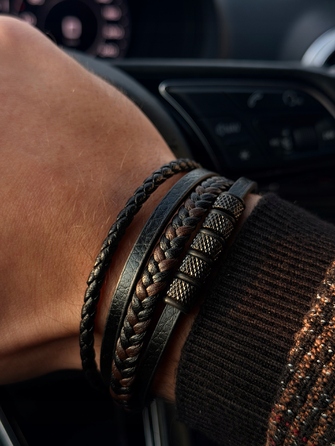 Чоловічий шкіряний браслет LUXMEN, чорний, регульований, з гравіюванням, 21 см