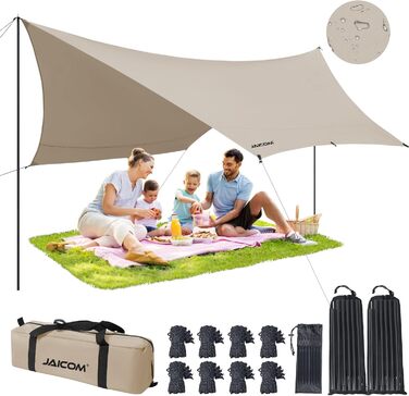 Водонепроникна тентова накидка Tarp 3.7 x 4.3 м з опорами, кільцями, шнуром, для кемпінгу, відпочинку на природі, захисту від сонця та дощу (Хакі)