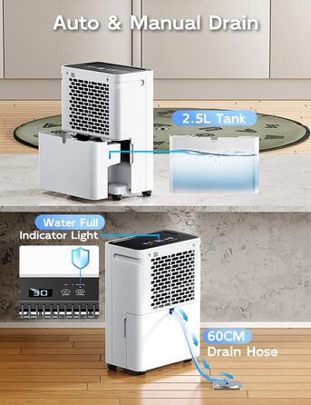 Електричний осушувач повітря 12л/24г з автоматичним та безперервним зливом (шланг у комплекті), для спалень та підвалів, LED-дисплей, тихий з таймером