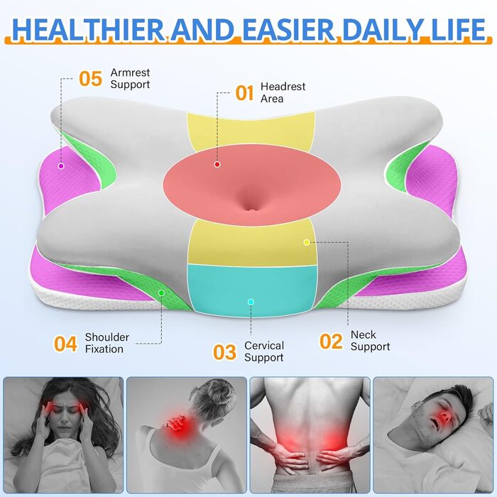 Подушка для шиї Ehomfory з Memory Foam, ергономічна для сну на боці, спині та животі, 67x37x9/12 см (Срібляста)