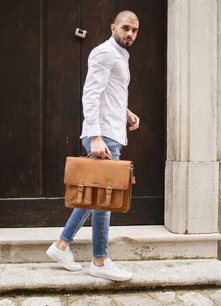 Сумка для ноутбука Leabags Leder Aktentasche чоловіча шкіряна до 15 дюймів, з плечовим ременем, ділова сумка, портфель (M, Fox)