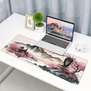 Килимок для миші для геймінгу, чорний, Kanagawa, великий, 80 x 30 см, з гумовою основою, водонепроникний, з прошитими краями, для геймінгу, офісу, дому (Чорна хвиля) (Рожевий)