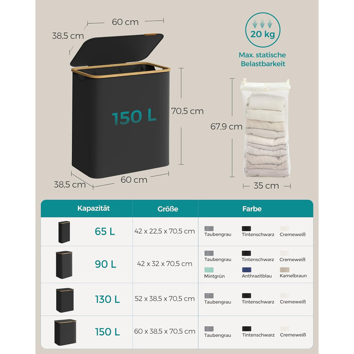 Laundry Basket, 3 compartments, 150 L, foldable, removable bag, Oxford fabric, bamboo, 60x38.5x70.5 cm