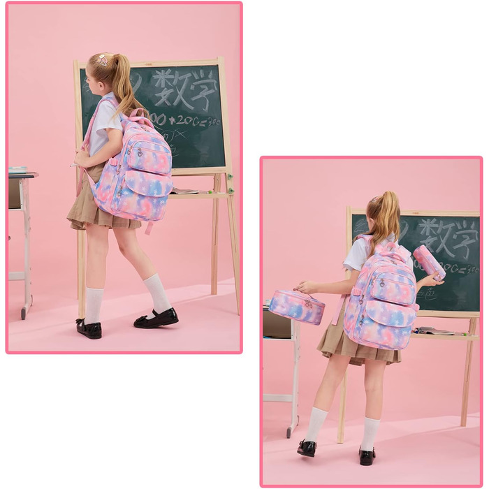 Шкільний рюкзак Tanou для дівчаток 3 шт. з ланч-боксом та пеналом, дихаючий, легкий, 22 літри, для 3-9 класів, фіолетовий зірковий принт