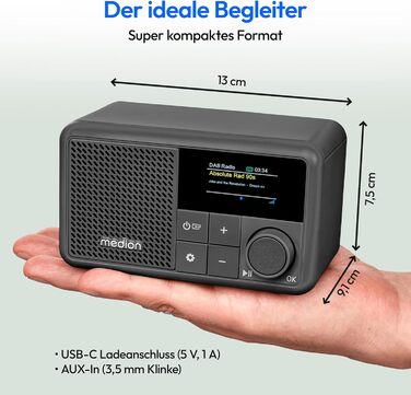 MEDION S66822 Портативне міні-радіо DAB+ з Bluetooth, акумулятор (до 6,5 годин), дисплей, телескопічна антена, таймер сну, будильник, AUX, USB-C, зелений (сірий)