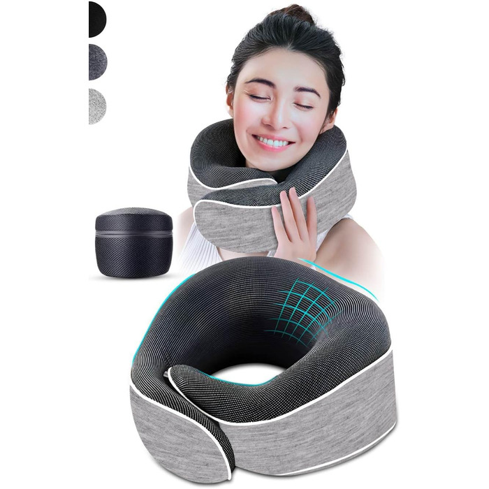 AIRTH® Подушка для шиї з піною Memory Foam 360° з кріпленням на липучці - Ергономічна підтримка шиї з знімним чохлом для максимального комфорту та відпочинку (Світло-сіра)