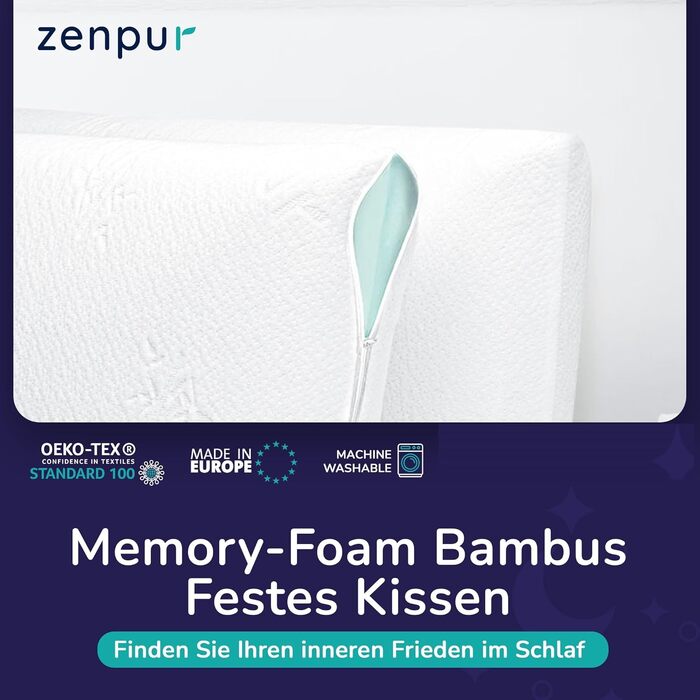 Набір ортопедичних подушок ZenPur з ефектом пам'яті (Memory Foam), 40x60x13 см, ергономічна подушка для шиї з бамбуковим чохлом Oeko-Tex, 2 шт.