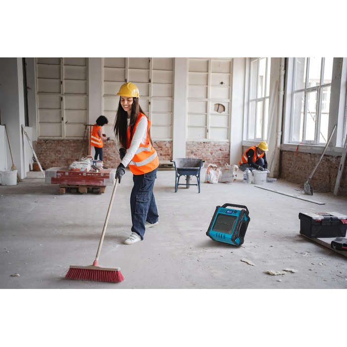 MEDION E66877 Радіо для будівельних майданчиків DAB+ Bluetooth з LED-ліхтарем (IP44, акумулятор/мережа, вертикальне) блакитне