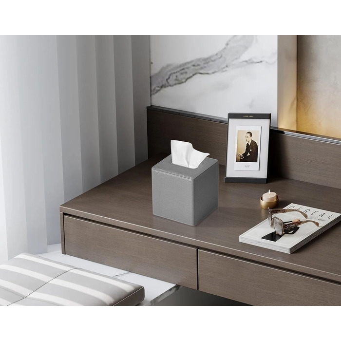 Скляниця для серветок квадратна, PU-шкіра, сучасний органайзер для рушників, підходить для ванної кімнати, спальні, вітальні або офісу (сірий льон)