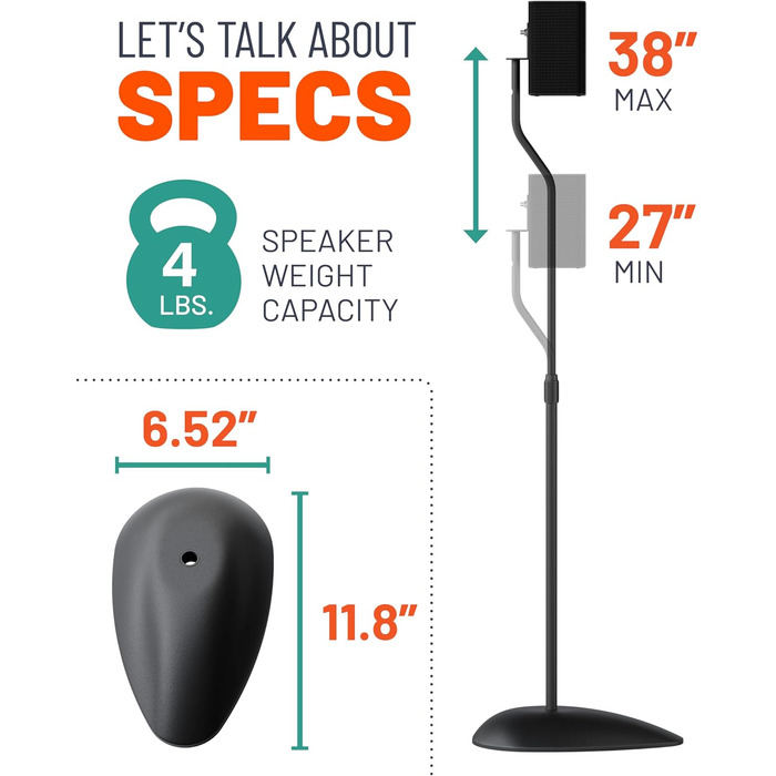 Підставка для акустики ECHOGEAR з регулюванням висоти - універсальна сумісність, сталевий каркас, кабель-менеджмент, антиковзні ніжки
