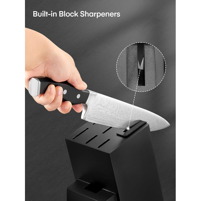 D.Perlla Self-Sharpening Knife Block Set - 7 Piece Stainless Steel Knife Set with Plastic Handle & Wooden Block - Professional Kitchen Knife Set, Black